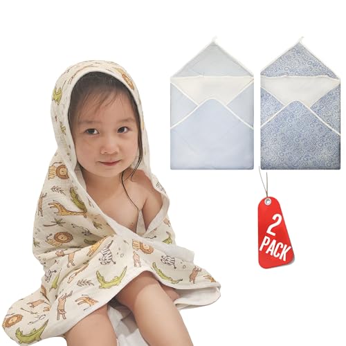 Linaly 2-Pack Muslin Hooded Baby Towels, 100% Cotton, Towels for Babies, Infants, Toddles, Soft and Absorbent for Boy and Girl, Baby Towel with Hood, Babies Towel Set, Animals, Flowers (Blue Flowers)