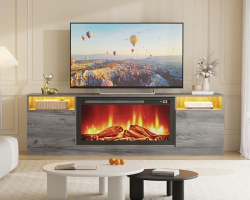 Modern TV Stand for TV Up to 75" TV, 70 ''Gray Television Console Table Cabinets with Storage,Wooden Entertainment Center for Living Room, Fits Into 36'' Electric Fireplace(Not Included Fireplace)