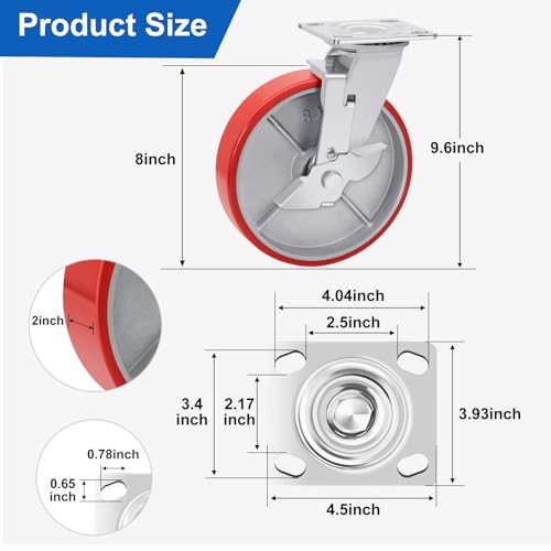 Image of Nefish 8 Inch Industrial Casters Set of 4, Heavy Duty Casters with Brake 6000 Lbs, No Noise Polyurethane Wheel on Steel Hub, Swivel Plate Caster Wheels for Toolbox Workbench (4 Swivel & Brakes)