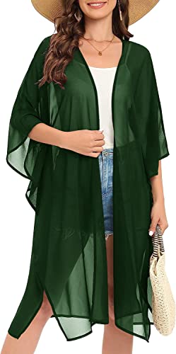 Image of Indian Trendy Women's Solid Puff Sleeve Kimono Long Cardigan Loose Cover Up Casual Blouse Top Chiffon