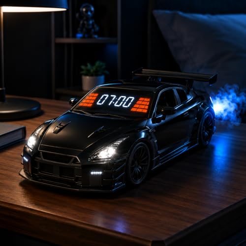 Hypercar Alarm Clock on Wheels with Engine Sound Super Car Smart Alarm Clocks with Exhaust Effect & LED Lights Smart Digital Clock for Bedroom Office Home Desk Ornament Gifts for Car Lover (Black)
