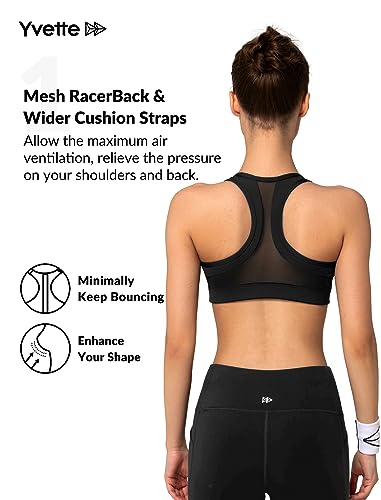 Yvette Zip Front Sports Bra - High Impact Sports Bras for Women Plus Size Workout Fitness Running,Black