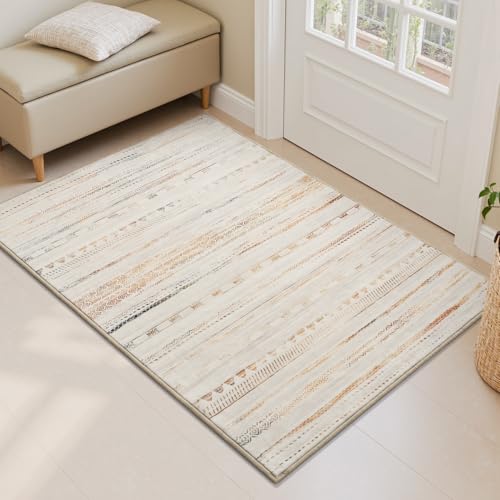 Small Area Rug-2x3 Entryway Rug Non Slip Washable Low Pile Indoor Door Mat Neutral Distressed Boho Moroccan Entrance Rugs Carpet for Bedroom Kitchen Powder Room Front Porch Bathroom, Multi-Color