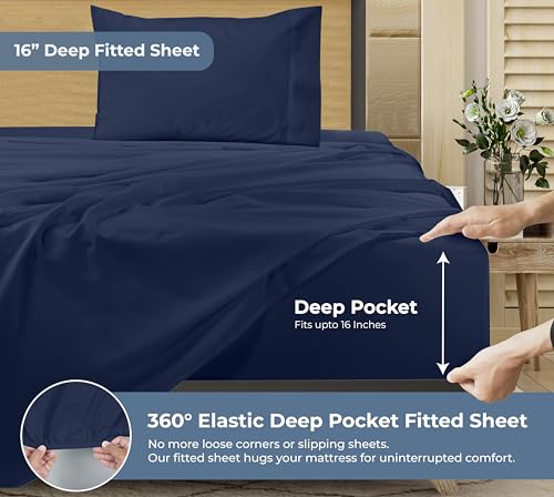 Image of ROYALE LINENS 100% Organic Cotton Twin Sheet Set - Percale Weave - 3 Pieces Set - 1 Flat, 1 Deep Pocket Fitted Sheet and 1 Pillowcases - Navy Bed Sheets - Sabanas Twin - Crisp Cool (Navy)