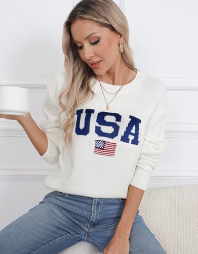 Image of Women's American Flag Sweater Long Sleeve Pullover Crew Neck Knit Tops