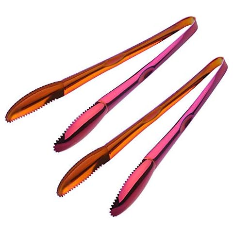 Mingcheng Stainless Steel Cooking Tongs for Frying, 9 Inches Serving Tongs Appetizers Charcuterie with Teeth for Parties, Food Tongs Kitchen Tongs for Nonstick Cookware, Set of 2 (Rainbow red) Cover
