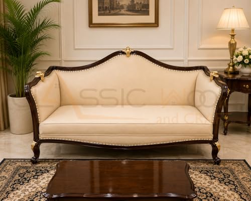 Image of Classic Wood and Craft 3+2+1+1 Wooden Sofa Set Center Table Victorian Handcrafted Teak Wood Living Room Furniture Rich Walnut Finish Gold Accents & Beige Upholstery Elegant Royal Style Home