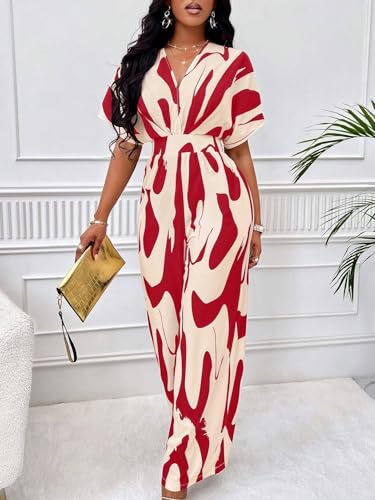 Image of PerZeal Women's V-Neck Short Sleeve Printed Jumpsuit with Pockets - Casual Wide Leg One-Piece Romper for Summer(S-XXL)