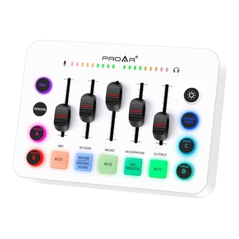 PROAR Gaming Audio Mixer, Live Streaming Sound Card RGB PC DJ Mixer with Individual Control, 48V Phantom Power, Sound Board Audio Interface for PC Phone, Podcast Equipment Bundle for Recording Youtube Cover