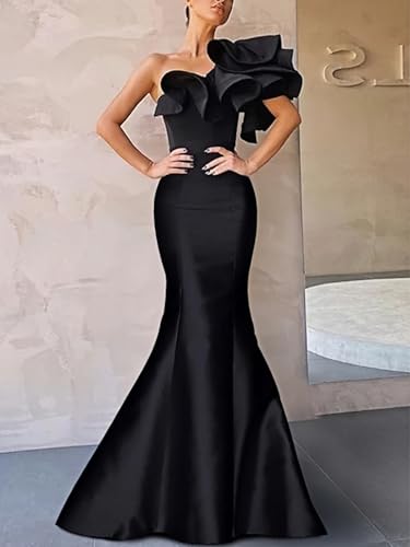 Elegant Mermaid Trumpet One Shoulder Evening Dress Floor Length Ruffles Prom Dress 20252