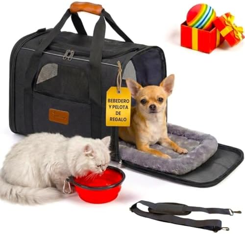Transportin Perro Gato Plegable y Reforzado con Cama, Bebedero y Juguete de Regalo | Transporte de Gato Viaje Cómodo y Seguro | Bolsa de Transporte Portátil con Ventilación 360º