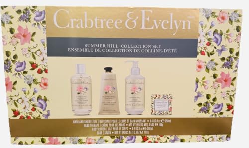 Crabtree & Evelyn Summer Hill Collection Set (Bath & Shower Gel 8.4 fl oz, Hand Therapy 3.5 oz, Body Lotion 8.4 fl oz, Bar Soap 3.5 oz)