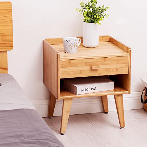 Nightstand Mid-Century Modern Bedside Table With Drawer, Small Nightstand With Adjustable Foot Pad For Bedroom, Recyclable Bamboo (Natural Bamboo) #TOP1