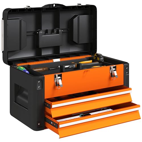 HOMCOM Werkzeugkoffer leer, robust Werkzeugkasten mit 2 Schublade Fächer Tragegriff, Werkzeugkiste Werkzeugbox für Werkzeuge Haushalt Werkstatt Orange