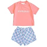 [Teddy] キッズ 水着 女の子 セパレート 半袖ラッシュガード ショートパンツ 2点セット UVカット kids531 (ピンク×オレンジチェック, 140cm)