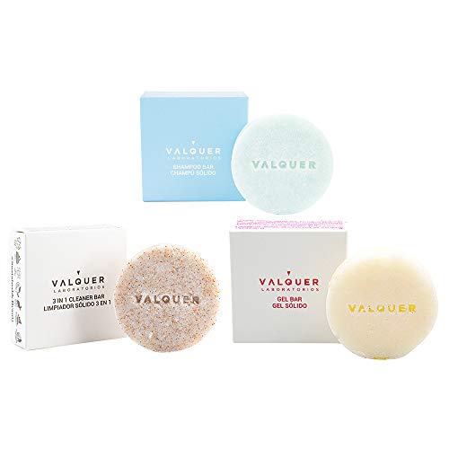 Válquer Pack Cosméticos Sólidos, Champú Sólido Cabello Normal + Limpiador Facial Sólido en 1 + Gel Corporal Sólido para Pieles Sensibles 150 G, 3 Uds