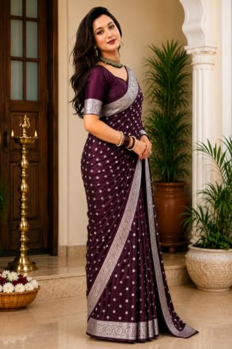 Image of Women's Glory Banarasi Satin Silk Saree with Rich Gold Silver Zari Floral Embroidery | Kanjivaram Style | Traditional Wedding & Festive sadi with Contrast Border