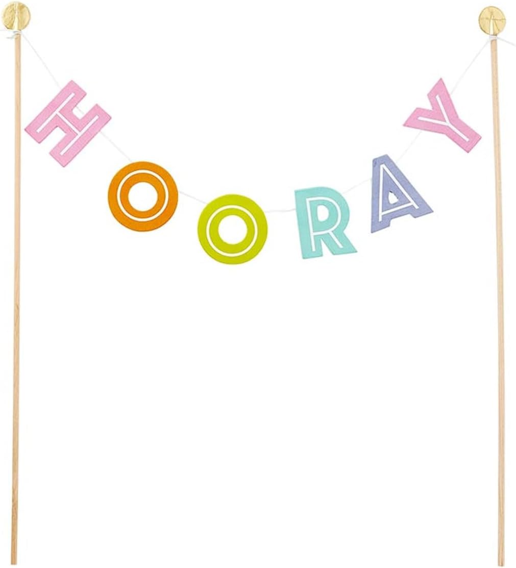 Slant Collections Birthday Party Pennant Flag Garland Cake Topper, 10" Tall x 6.25" Wide, Hooray