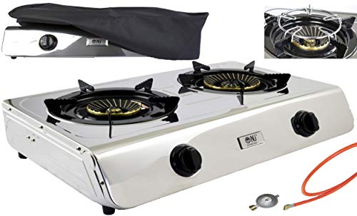 NJ-60SD Edelstahl Gaskocher 2 flammig Campingkocher 7,6 KW mit Zündsicherung 60cm mit Turboflamme inkl. Gasherdkreuz + Gasschlauch-Regler Set + Abdeckung