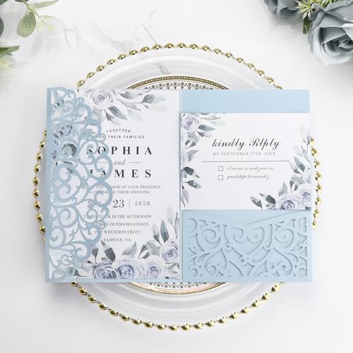 Wedding Invitations with Envelopes and RSVP Cards, Light Blue Laser Cut Invitation Pocket Blank Invitations with Envelopes and Stickers, Bridal Shower Card Birthday Party Invites Custom 50 PCS