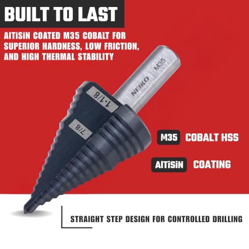 Image of NEIKO 10626B Step Drill Bit, 2 Steps 7 /8 inch to 1-1 /8 inch Straight M35 Cobalt, AlTiSiN Coated, 3 /8 inch Tri-Flat Step Bits for Steel, Metal, Wood, Plastic, Unibit Cone Drill Bits, Two Flute