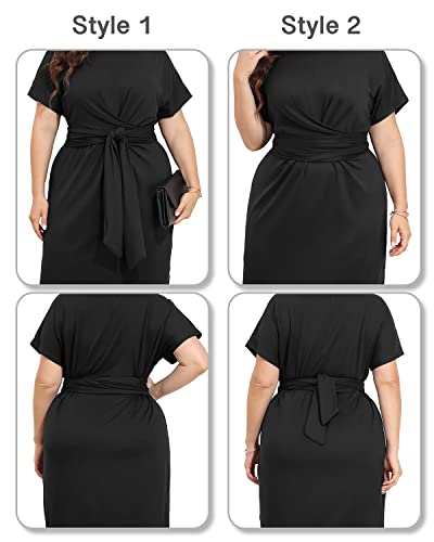 Image of Pinup Fashion Plus Size Dresses for Women Wedding Guest Short Sleeve Tie Front Waist Belted Pencil Work Knee Dress
