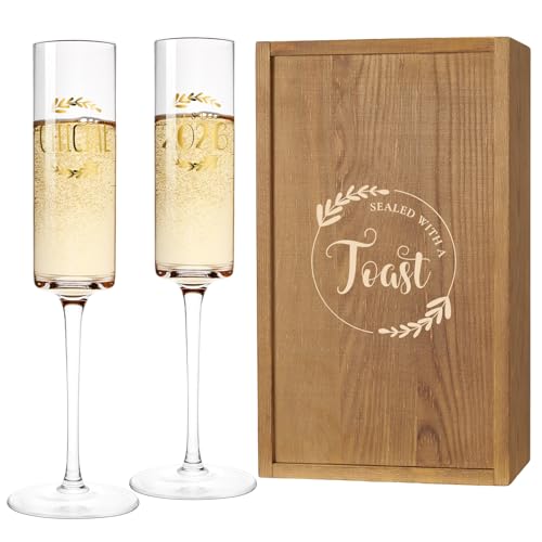 Image of AW BRIDAL Engagement Champagne Flutes Set of 2 with Wooden Keepsake Box | Wedding Gifts for Couples 2026, Newly Engaged Gift, Toasting Glasses for Bride and Groom, Bridal Shower Gifts for Bride