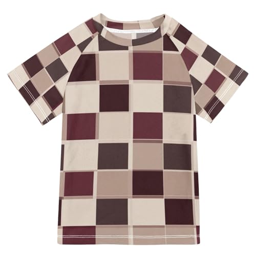 KLL Bathing Suit Girls Short Sleeve Rash Guard Girls 7T Squares Burgundy Neutral