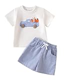 FishingDino Baby Kleidung Jungen Set Gr 86-110, Sommer Kinder Anzug Set Junge mit Dino & Bagger, Kurzarm T-Shirt & Shorts Bekleidungssets für Jungen 1-4 Jahre, Blau Ostern 80-86