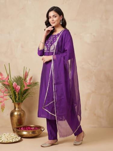 Image of INDO ERA Women's Silk Blend Embroidered Thread Work Straight Kurta & Pant with Dupatta Set | Kurta Sets For Woman