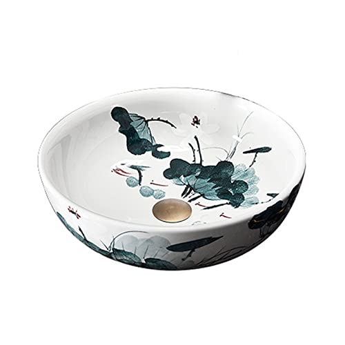 Vasque ronde en céramique bleue et blanche avec motif lotus et son robinet