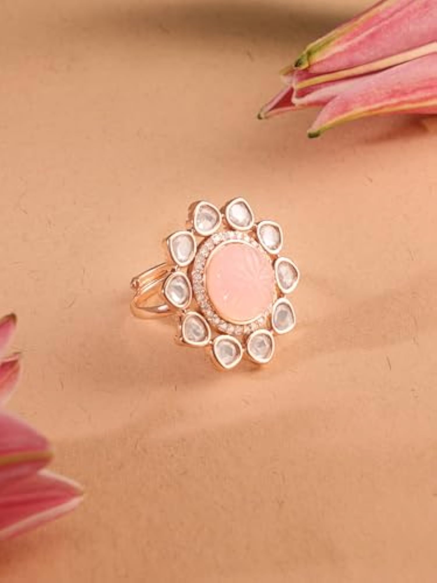Women's Adjustable Brass Flower Ring with Cubic Zirconia