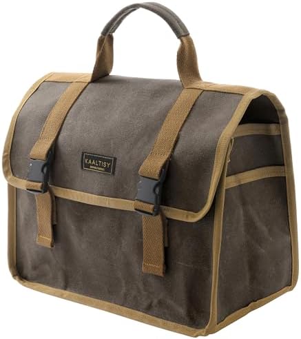 Canvas Tool Storage Bag - Portable Garden Tool Carrying Case with 3 Pockets + 2 Release Buckles, Multi-Purpose 16OZ Waxed Canvas Tool Tote Bag | 11.5"L x 6"W x 7.5"H | Grey