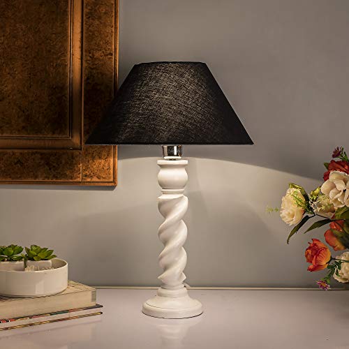 Image of Homesake Handcrafted Wooden Table Lamp for Bedroom & Living Room|Decorative Bedside Reading Lamp, E27 Holder|Bulb Included |Twister White Wooden Rustic for Home Decor, Black Cone Shade