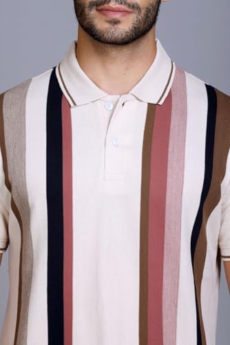 Image of SANE ORIGINALS Textured Polo T-Shirt for Men in Vertical Stripes || Old Money Polos for Men