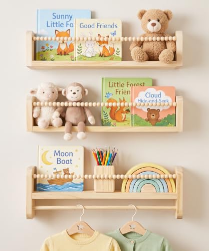 Maxpeuvon Nursery Shelves for Wall Set of 3, Natural Wood Floating Shelves