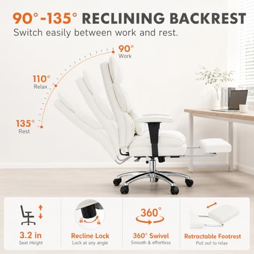 Image of Big and Tall Ergonomic Office Chair with Footrest, Executive High Back PU Leather Desk Chair, Reclining Computer Chair with Adjustable Lumbar Support and Armrests, Swivel Rolling Gaming Chair, Beige