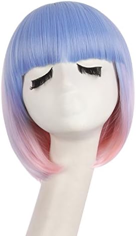 MapofBeauty 12 Inch Lady Short Straight Flat Bangs Bob Wig,Pink/Purple/Bule