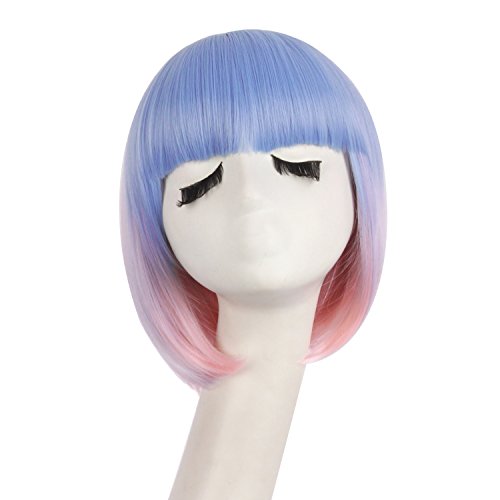 MapofBeauty Fashion Lady Short Straight Synthetic Flat Bangs Bob Wig (Pink/Light Purple/Light Bule)