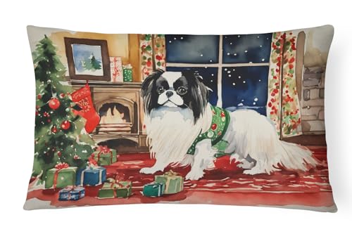 Caroline's Treasures DAC2683PW1216 Japanese Chin Cozy Christmas Throw Pillow Machine Washable, Indoor Outdoor Decorative Pillow for Couch, Bed or Patio, 12HX16W