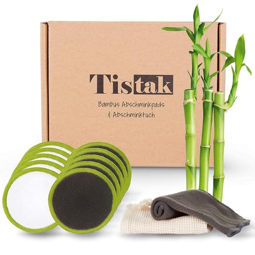 TISTAK Set da 10 dischetti struccanti lavabili con panno per la pulizia e sacchetto per la biancheria, morbidi e riutilizzabili, in pregiata fibra di bambù per donne attente all'ambiente