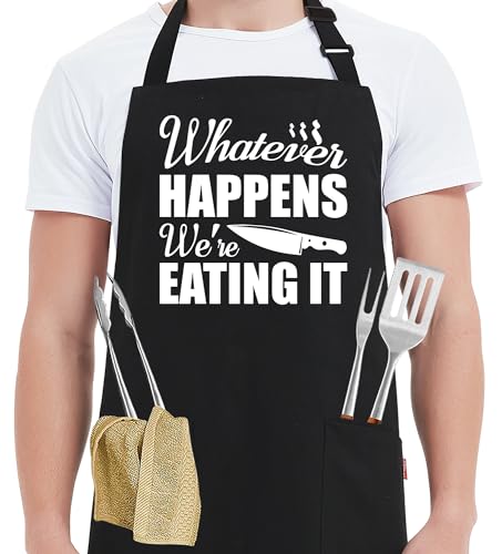Kaidouma Funny Grill Aprons for Men - Whatever Happens We’re Eating It - Men‘s Funny Kitchen Chef Cooking Grilling BBQ Aprons with 2 Pockets - Father’s Day Birthday Christmas Gifts for Dad, Husband