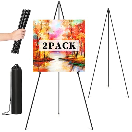 Easel Stand for Sign, 63" Portable Easels Stand for Display, Lightweight Adjustable Tripod Art Easel Stand for Wedding Sign, Black Metal Painting Easel with Portable Bags (2 Pack) by Womnwomn - Used condition - US$16.98