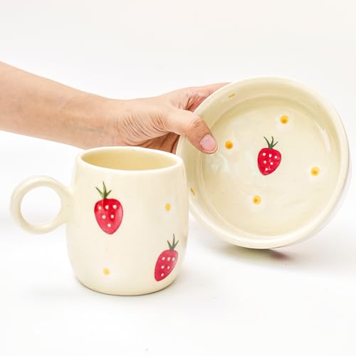 Image of Strawberry Breakfast Bowl & Coffee Mug Set| Microwave Safe | Matching Set of Cup and Bowl| Cute & Aesthetic | Pinterest Bowl & Mug| 240 Ml (Design 2)
