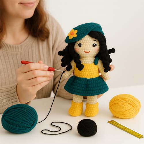 Image of Sutra Handmade Crochet Doll in Yellow & Teal Dress with Cap | Wool Amigurumi Plush Toy | Soft Handmade Gift for Kids, Nursery & Home Decor