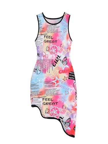 Girl's Cute Letter Graphic Tie Dye Maxi Tank Dress Crew Neck Sleeveless Asymmetrical Summer Dresses