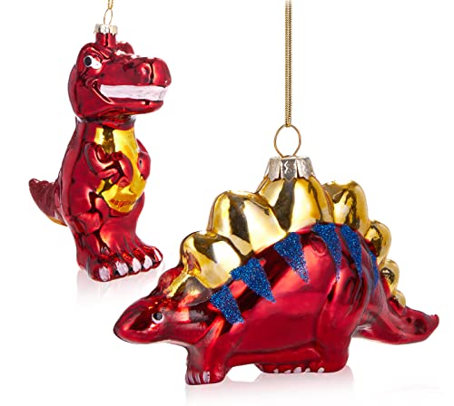 Image of BRUBAKER Tree Bauble Set Dinosaur Red - Hand-Painted Christmas Baubles T-Rex and Stegosaurus - Mouth-Blown Glass Christmas Tree Decorations - Funny Dinosaur Tree Pendant - Pack of 2