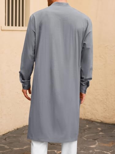 Image of Runcati Mens Kaftan Robe Button Down Long Sleeve Cotton Linen Thobe Casual Muslim Gown Henley Shirt