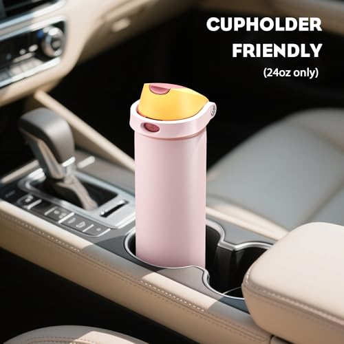 POWCAN 24 oz Insulated Water Bottle with Straw: 2-in-1 Push-Button Spout & Quick-Flip Straw, Leakproof, Cold 24Hrs, Fits Car Cup Holder, Stainless Sports Bottle for Gym, Travel Gift (Peach Store) - image 5
