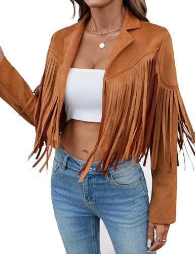 Women's Faux Suede Leather Tassel Jackets With Lining Cropped Fri...